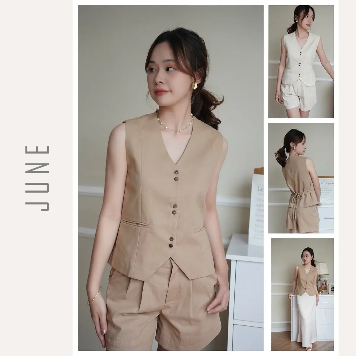 Áo Gile Linen cổ V có đai sau chiết eo vừa phải