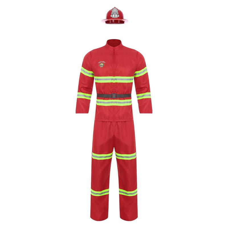 Manyakai Mens Firefighter Costume Fireman Role Play Uniform Long Sleeve Reflective Stripes 4-piece Suit 2