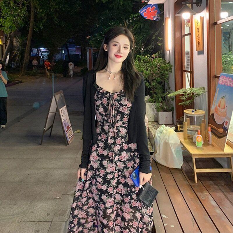 2025 plus Size Women's Clothing Fashion Two-Piece Suit Women's Summer Fat Sister Black Knitted Cardigan Strap Floral Dress Suit 1