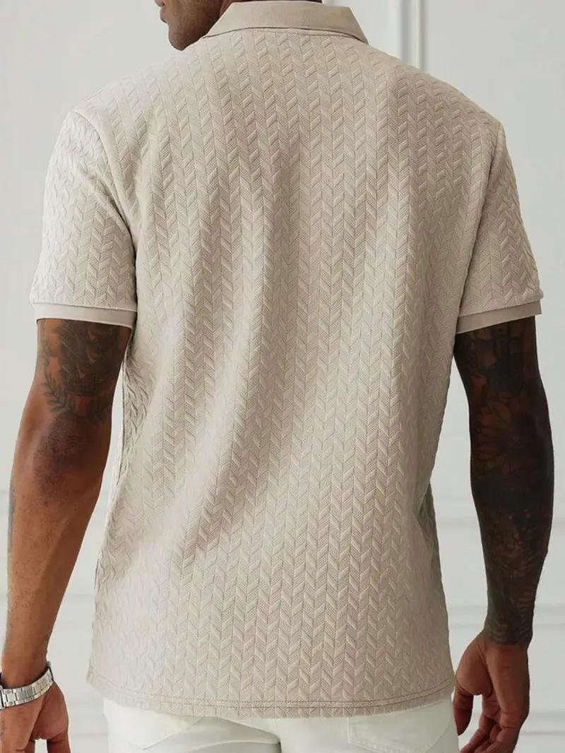 Product Introduction of Men's Regular Fit Plain Jacquard Polo Shirt, Casual Short Sleeve Button Collar Top for Summer, Fashion Men's Clothes for Daily Wear 5