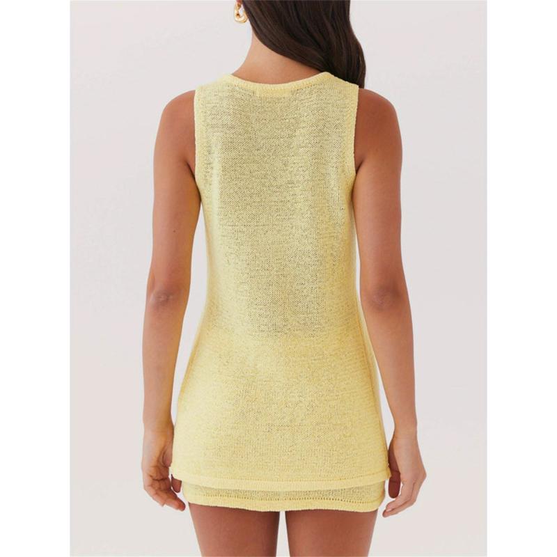 Women Set Solid Color Deep V Neck Sleeveless Tank Tops Elastic Waist Skirt 2pcs Outfit 8