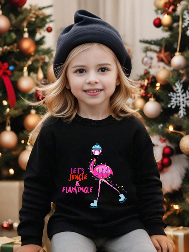 Product Introduction of Girl's Flamingo & Letter Print Drop Shoulder Thermal Lined Christmas Sweatshirt, Casual Long Sleeve Round Neck Pullover for Fall & Winter, Kids Clothes for Daily Wear 1