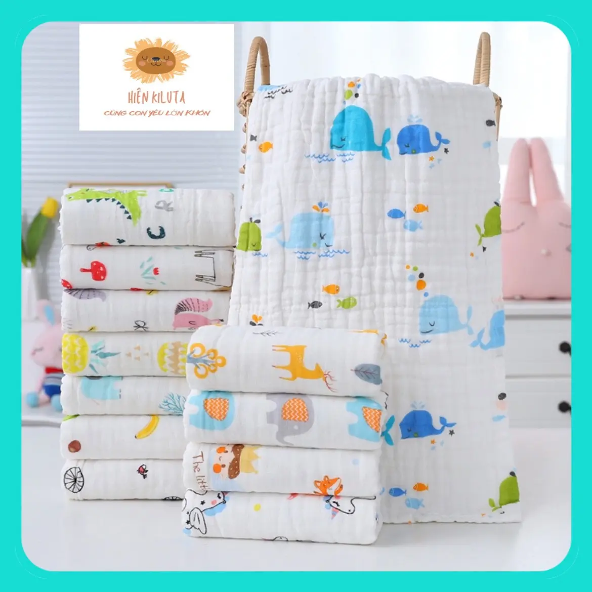 KHĂN TẮM 6 LỚP XÔ NHĂN HÀNG XUẤT NHẬT CHẤT MỀM , THẤM HÚT TỐT/ KHĂN XÔ ĐA NĂNG CHO BÉ SƠ SINH-HIÊN KILUTA Voi