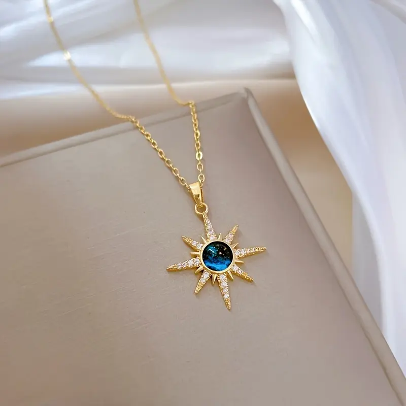 Avant-Garde Starburst Pendant Necklace with Blue Faux Zirconia - Stainless Steel Chain, Copper Pendant, Unisex, No Precious Metal Plating, Unique Gift for Teens And Adults - Elegant Jewelry Accessory for All Occasions,Without Giftbox