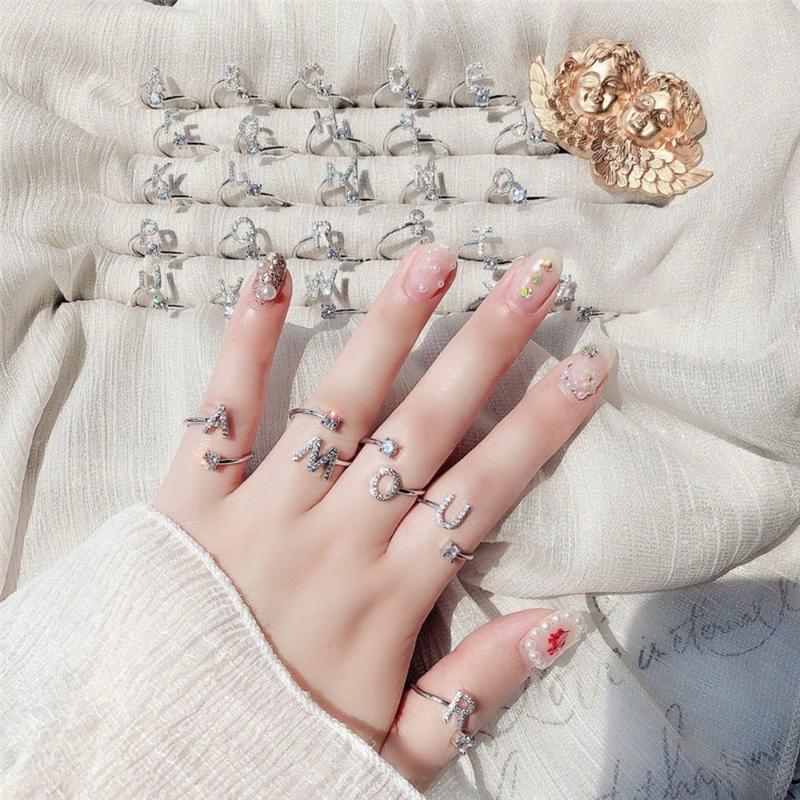 Nhẫn 26 Chữ Cái, Nhẫn Có Thể Điều Chỉnh Nhẫn Mở, Nhẫn Ngón Tay, Đính Đá Women 4