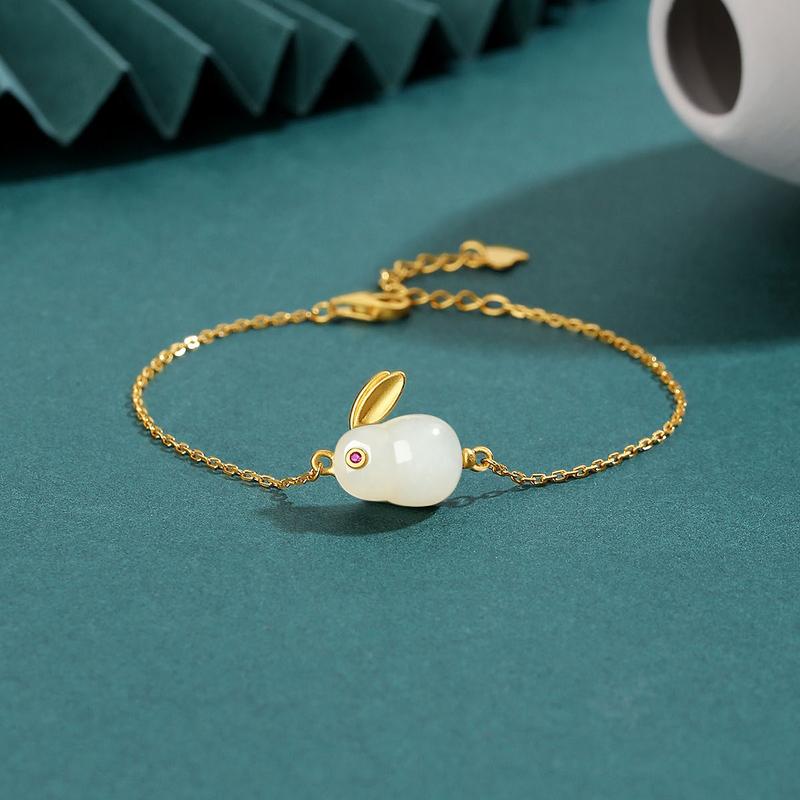 Hetian Jade Hare Pendant S925 Silver Plated Cute Jade Hare Ear Stud Necklace Bracelet Ring Fairy Jewelry Suit 9