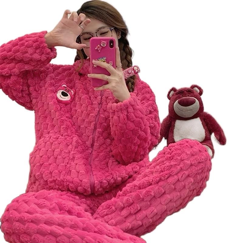 Siêu rẻ Bộ bông gấu dâu có mũ bông nhung dày dặn ấm áp mùa đông Bộ pijama mặc nhà cho nữ Women