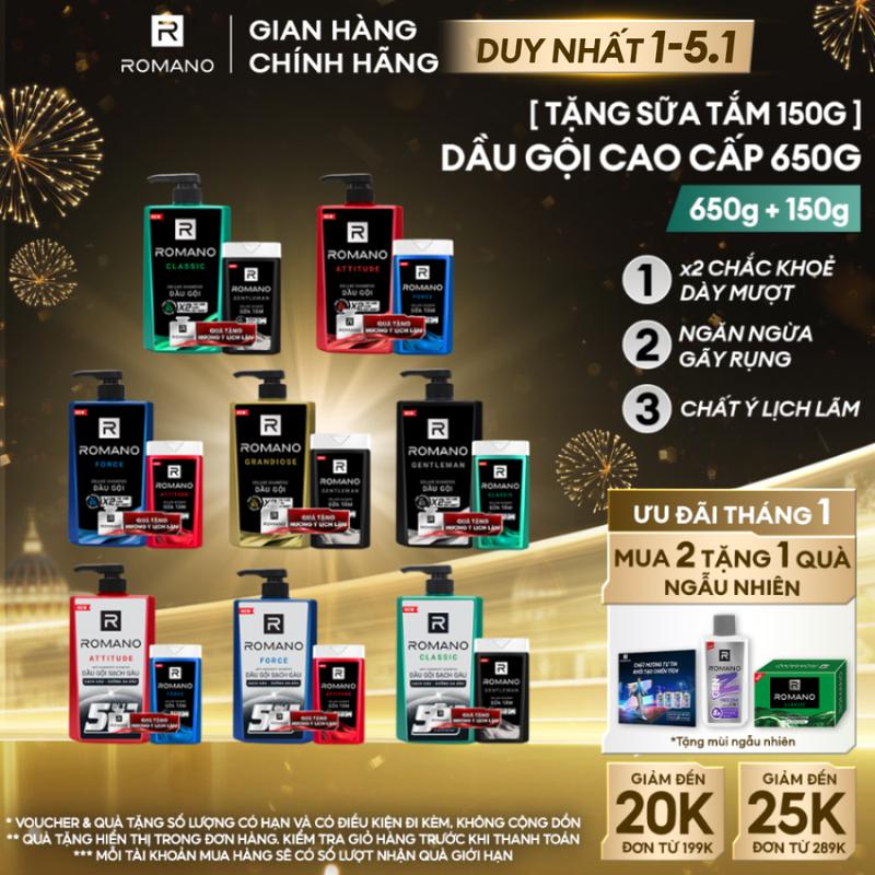   DUY NHẤT 1-5.1 Dầu gội hương nước hoa cho nam Romano 650g + Tặng kèm Sữa Tắm Dầu Gội Dưỡng Thể sạch khuẩn Romano 150g 