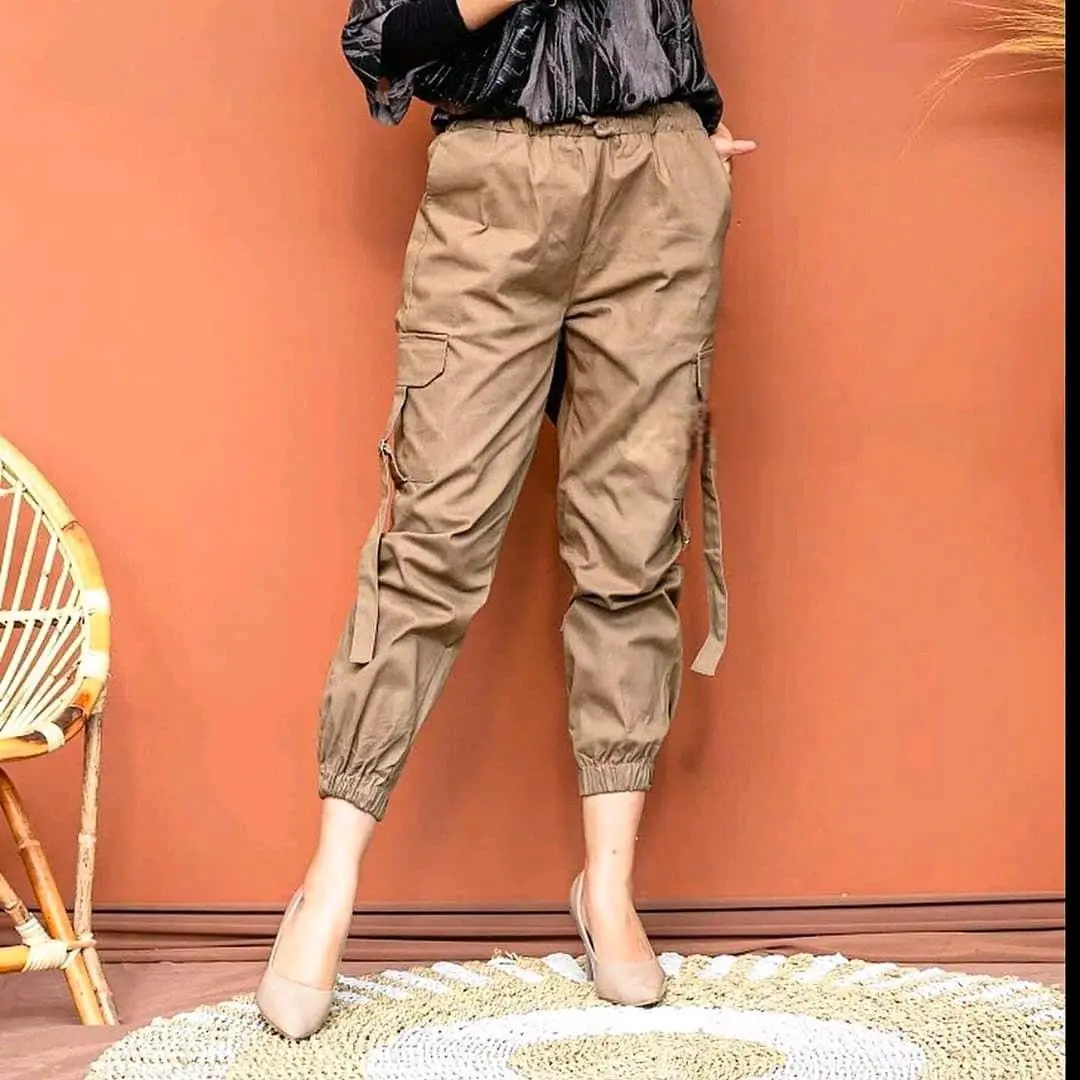 Celana Cargo Jogger Wanita Panjang Kain Twill Combed Melar Pinggang Karet Nyaman Dipakai Baggy Katun Tebal Casual Santai Serut Stretch Regular celana cargo Samping Kantong