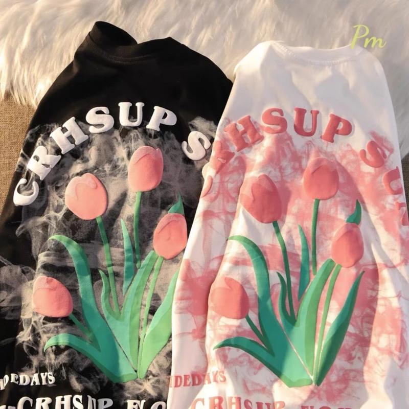 Áo thun bông hoa  phom rộng tay lỡ, áo thun dành cho nữ