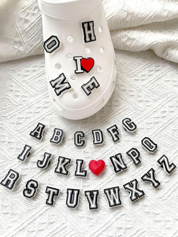 Alphabet Letter & Heart Series Shoe Charms, 28pcs Cute DIY Shoe Decoration for Clogs, Fashionable Shoes Decorations for Women & Men 0