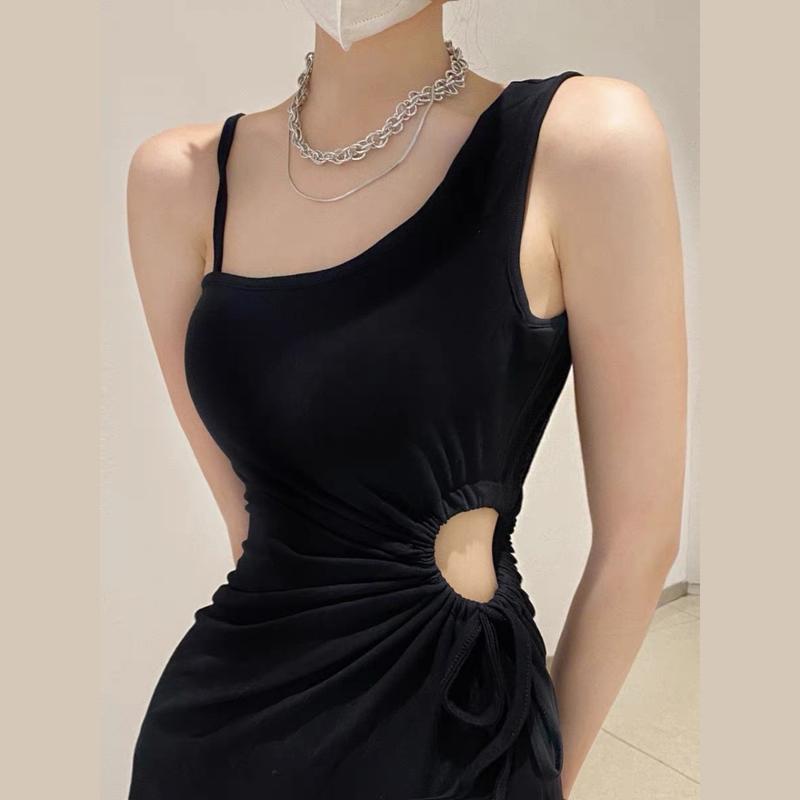 Đầm body dây rút khoét eo hình tròn V12 màu đen thiết kế dây quai mảnh lệch một bên vai phong cách Hàn quốc quyến rũ Váy ôm body Nhung Nữ Voi Dress