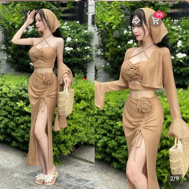 Bộ đi biển ren bốn món khoác khăn áo cúp chân váy chất ren mềm 55-90kg QUỲNH NHƯ BIGSIZE đen nâu trắng Voi Women Nữ Nhung Viền Ren