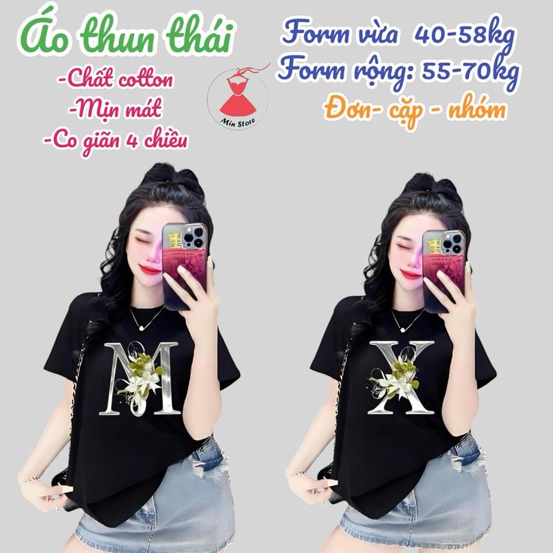 Áo thun thái nữ [ Mã A97][chữ cái A-z] form 40~78kg Màu đen Cổ Tròn Top Nữ Cotton Women