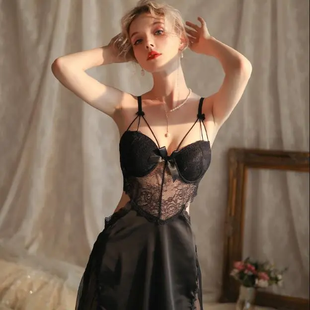 Beautiful Yarn New Sexy Suit Deep V Sexy Lace See-through Sling Sexy Sleepwear Split Sexy Lingerie Women