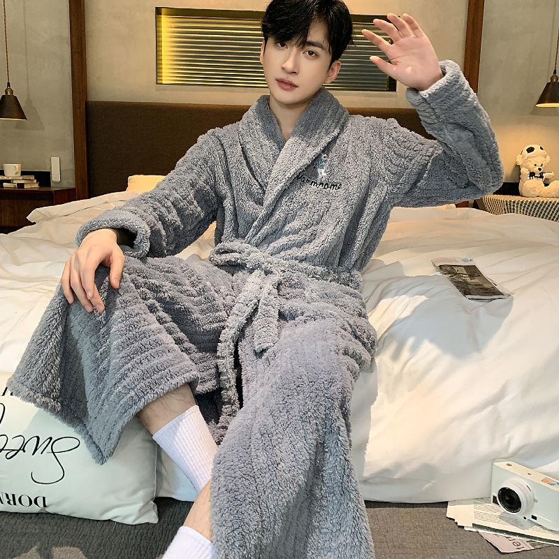Product Introduction of Autumn and Winter Long Nightgown Men's Coral Fleece Bathrobe Young Pajamas Winter Thickening Flannel Bathrobe Homewear Menswear Nightwear 1
