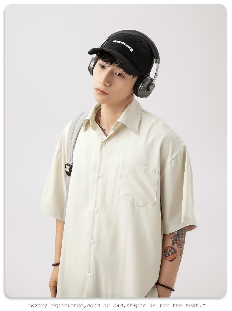 Product Introduction of Korean Men's Smooth Draping Short-Sleeved Shirt Men's Summer New Pure Color Couple Casual Loose Shirt Jacket Menswear Top Lingerie Human Oversize Plain Beige Baggy Vintage Tights Collar Collared Tropical 18