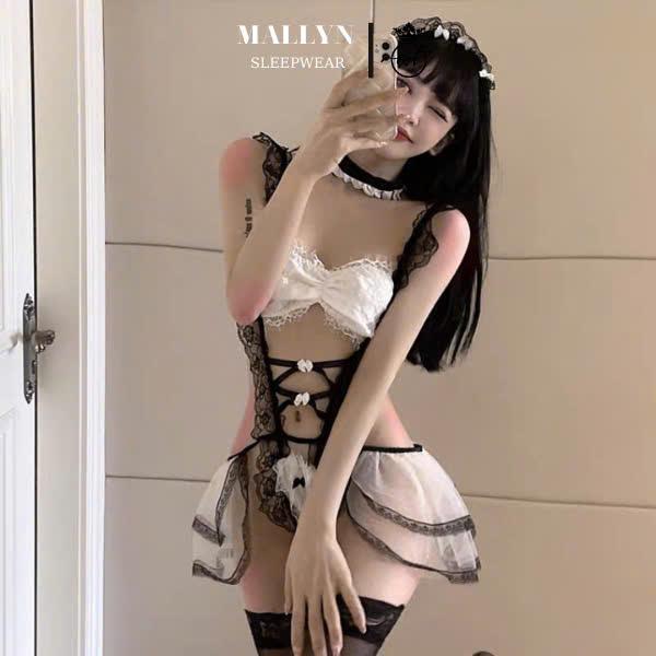 Váy ngủ cosplay hầu gái ren dáng bodysuit MALLYN quyến rũ  8171 trắng