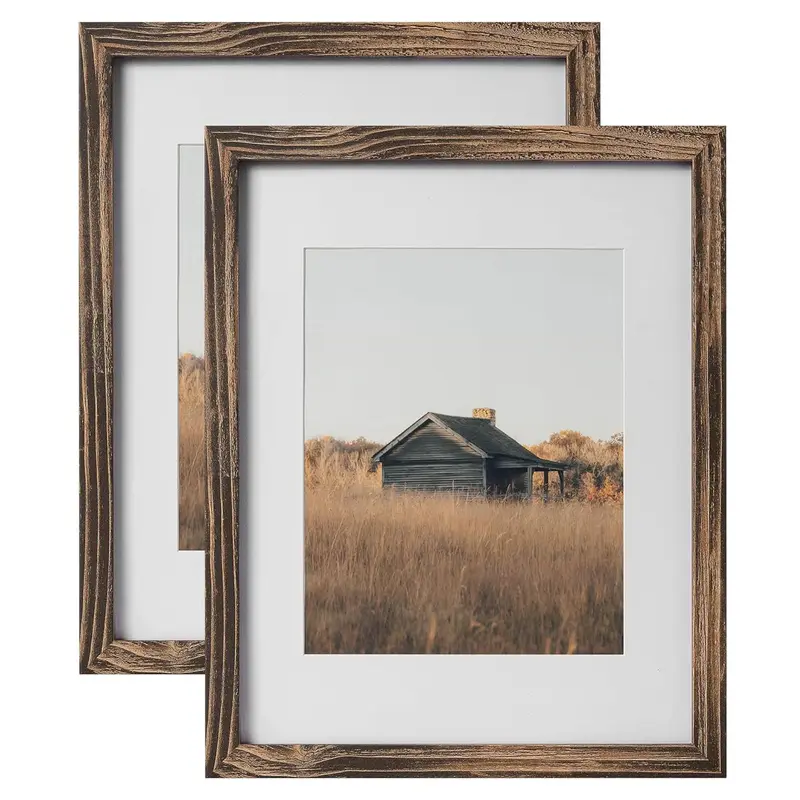 Wooden Photo Frame, 2 Counts/set Farmhouse Style Photo Frame with Mat, Wall Hanging Photo Display Frame for Home Office Decor 0