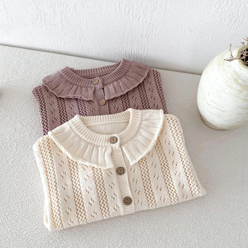 Product Introduction of Korean Baby Girl Autumn Hollow Out Sweater Cardigan Kids Fashion Cotton Ruffle Collar Knitted Jacket Spring Solid Outerwear Coat 31