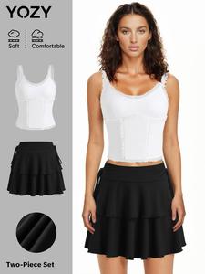 YOZY Women's Solid Frill Trim Crop Top & Ruffle Hem Skirt Two-piece Set, Casual Sleeveless Top & Skirt for Summer, Ladies Clothes for Daily Wear