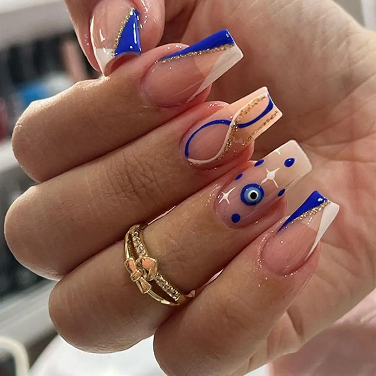 Blue Lines Design Fake Nails with Nail File & Sticker Sheet, 24pcs/set Removable False Nails for Women Girls Nail Art, Effortless Press on Nails Manicure Set