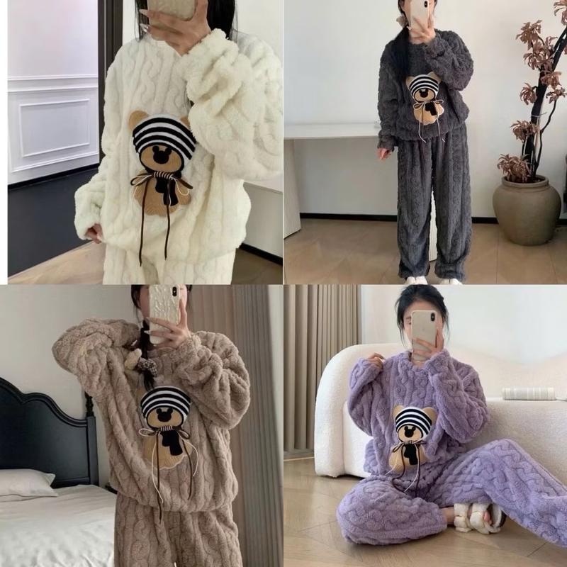 Bộ Đồ Lông Phối Hình Gấu Bông Xoắn FreeSize, Bộ Bông Nỉ Giữ Nhiệt Bo Gấu Mặc Siêu Ấm Cute Lady Áo Quần Ngủ Trắng