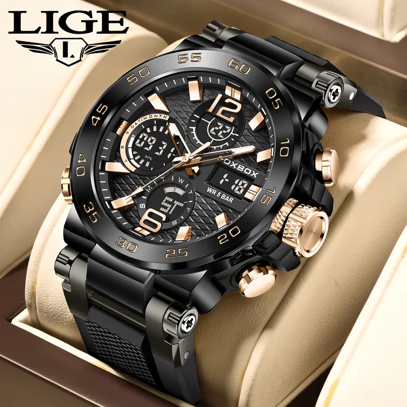 LIGE x FOXBOX jam tangan pria digital modis baru dengan layar ganda jam tangan kuarsa olahraga tahan air bercahaya Watches 0