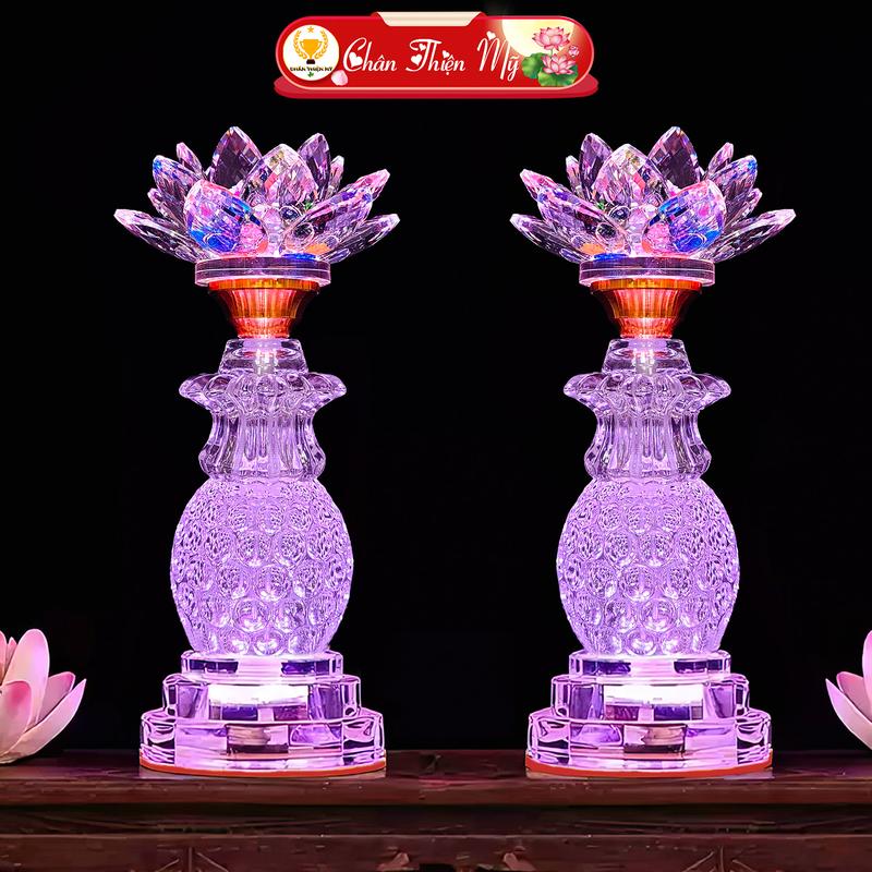 Đèn Thờ Hoa Sen Pha Lê Có Led Nhiều Màu CHÂN THIỆN MỸ Đồ Trang Trí Bàn Thờ Phật Gia Tiên HSPL-18
