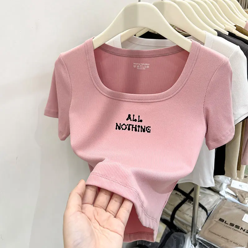 Áo Thun ngắn Tay Áo Cổ Vuông Đeo Vai Sợi Màu Hồng, Áo Croptop Ôm Sát Thiết Kế Độc Đáo Dành Cho Nữ, Phong Cách Mùa Hè, Đẹp Mắt, Hàng Mới Về 2024