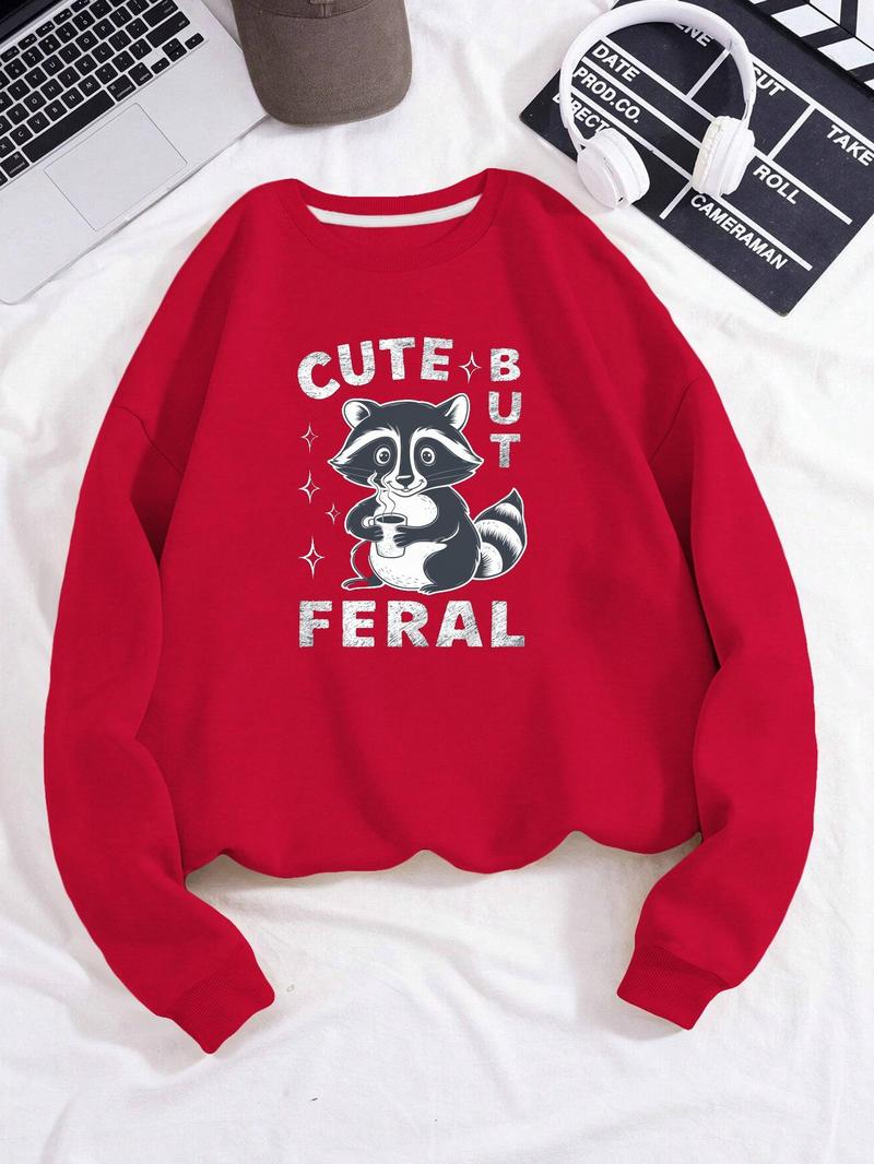 Product Introduction of Women's Coffee Cute But Feral Raccoon Graphic Print Crew Neck Sweatshirt, Casual Drop Shoulder Long Sleeve Pullover, Women's Fall & Winter Clothes 1