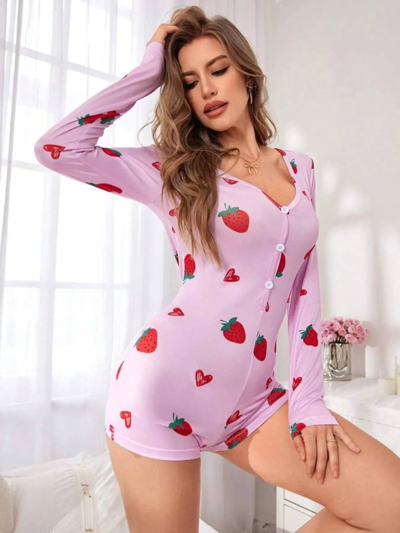 Women's Strawberry & Heart Print V Neck Sleep Onesie, Casual Soft Comfortable Long Sleeve Pajama Romper for Spring & Fall, Lady's Sleepwear for Indoor Wear