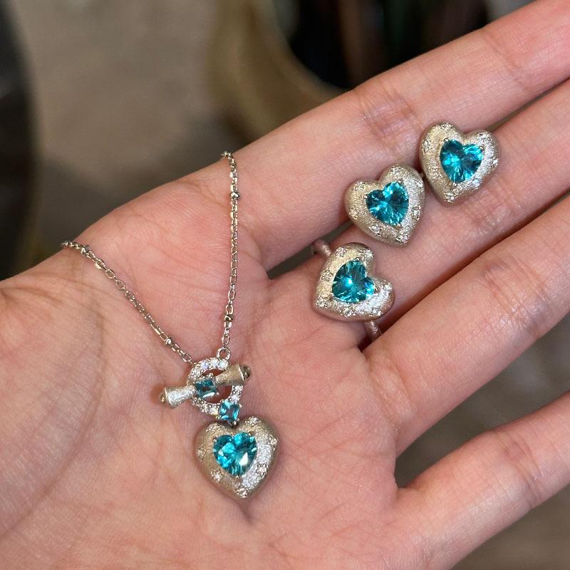 Product Introduction of Mild Luxury Retro High-Grade Paraiba Brushed Love Heart-Shaped Ring Necklace Ear Stud Inlaid Zircon Exquisite Women's Suit 1