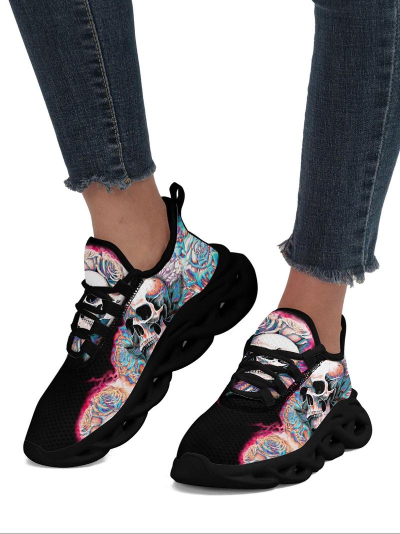 Product Introduction of Women's Trainers, Fashionable Skull & Floral Print Lace Up Low Top Sneakers, Casual Comfortable Blade Soles Sports Shoes, All-match Round Toe Chunky Sneakers for Daily 19