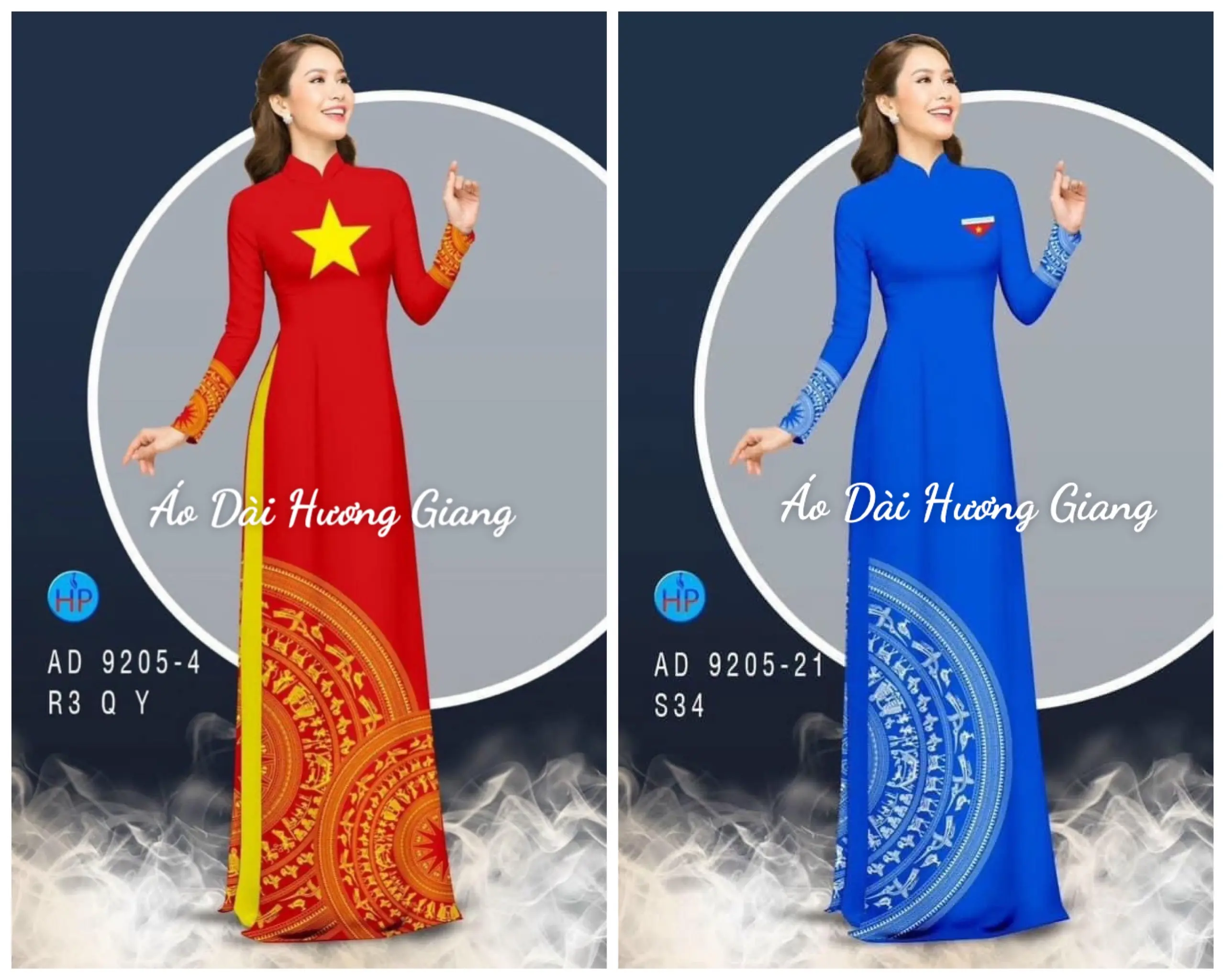 2 mẫu áo dài sao vàng, áo dài đoàn in hoạ tiết trống đồng - Áo Dài Hương Giang-A12- Nữ Women Dress