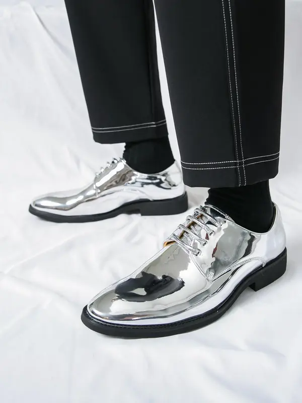 Men's Fashionable Glossy PU Leather Dress Shoes, Stylish Brogue Design Shoes for Party, Daily Clothing Decor for Men, Footwear 7