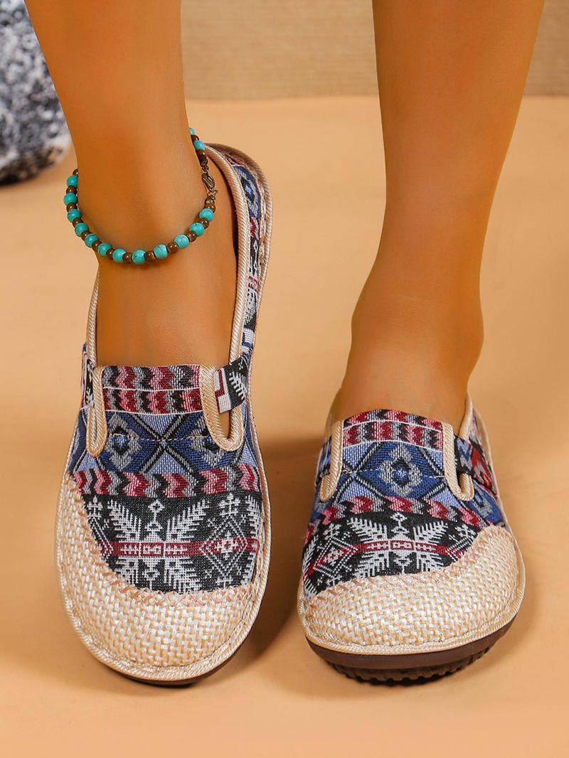 Product Introduction of Colorful Ethnic Pattern Braided Slip on Flats, Lightweight Round Toe Shoes for Daily Wear, Breathable Shoes for Daily Wear 9