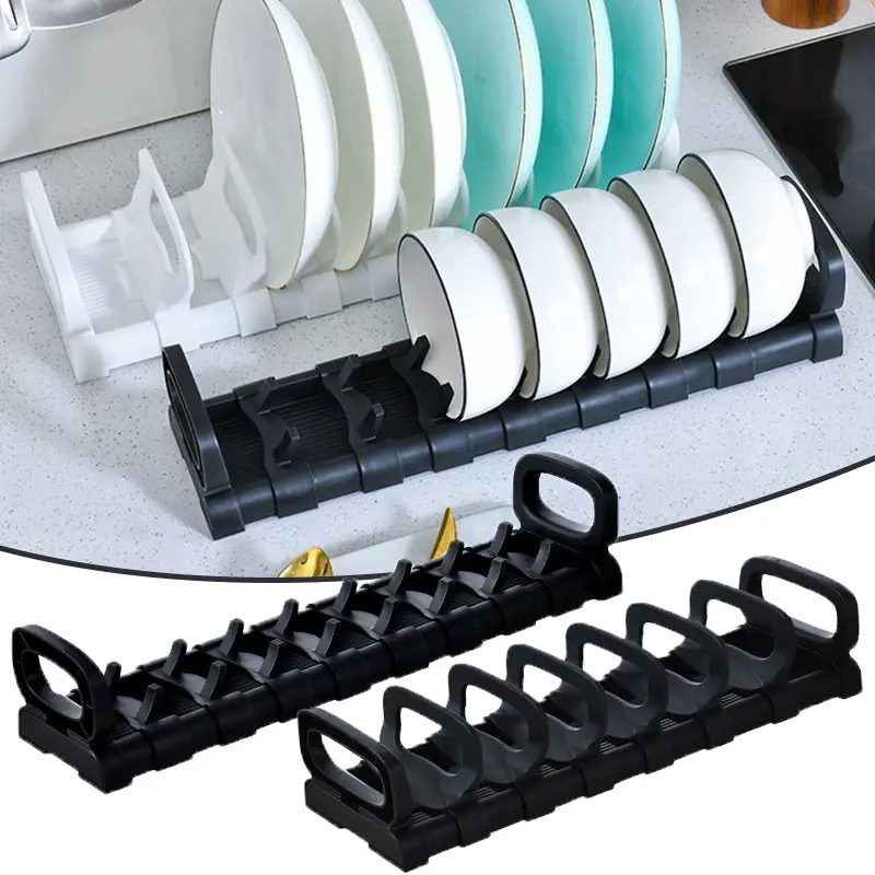 Kitchen Plate Organizer Adjustable Dish Storage Rack Plastic Pot Lid Holders Dishes Draining Storage Holder Kitchen Accessories