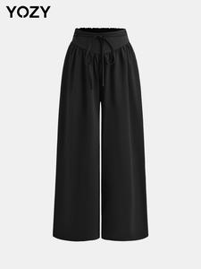 YOZY Women's Solid Shirred Tie Front Wide Leg Pants, Casual Comfy Elastic Waist Trousers for Fall & Winter, Women's Bottoms for Daily Wear