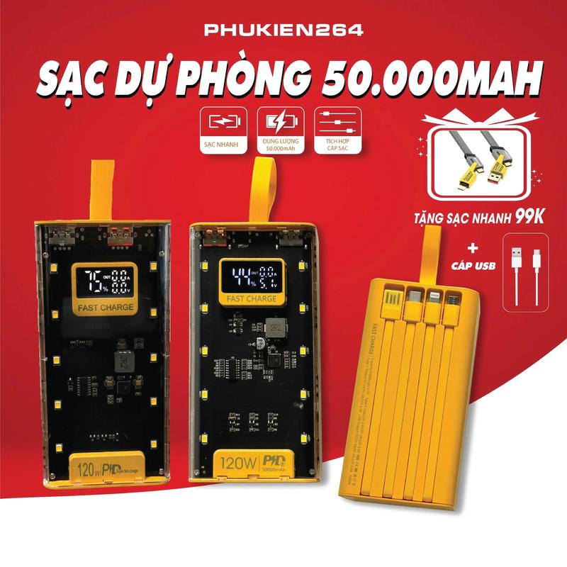 (Tặng thêm cáp 4in1) Sạc Pin Dự Phòng 50000mah Tên PD120W lỗi 1 đổi 1 trong vòng 30 ngày Trong Suốt Có đồng hồ Hiển Thị Hiệu Điện Thế(V), Cường độ dòng điện(A) tích hợp 10 đèn Led