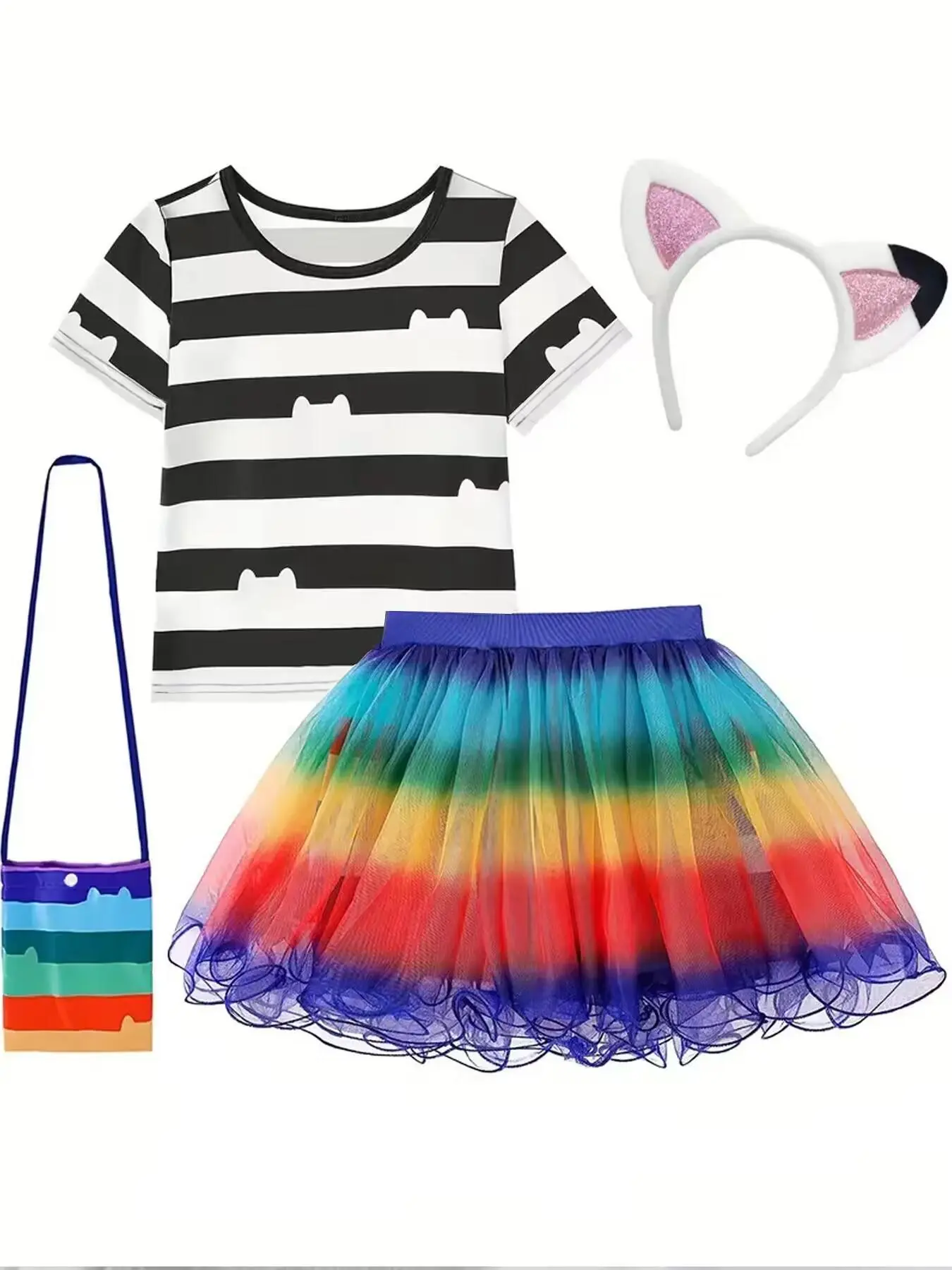Girl's Striped Print Tee & Rainbow Striped Skirt with Cat Ear Headband & Skirt & Bag Costumes Set, Cute Short Sleeve Round Neck Top & Contrast Mesh Elastic Waist Skirt with Accessories Set, Girls Summer Outfits