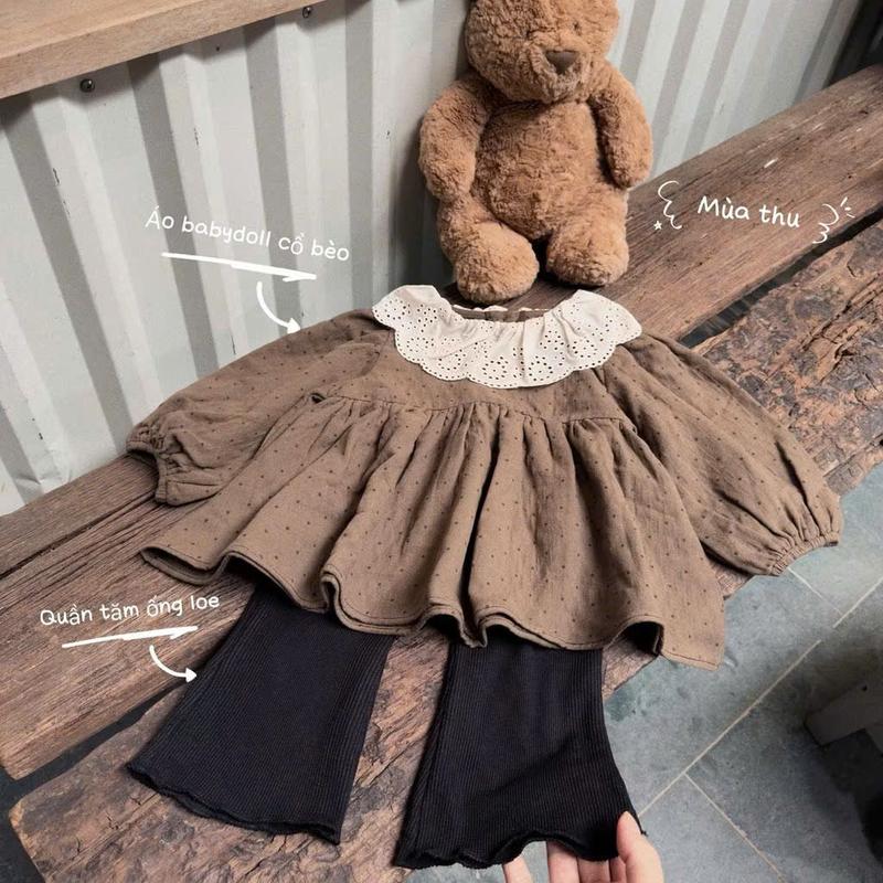 [6-25kg] Sét quần áo Nâu XÔ ĐŨI dài tay dáng baby doll kèm quần tăm ống loe mềm cho bé gái .