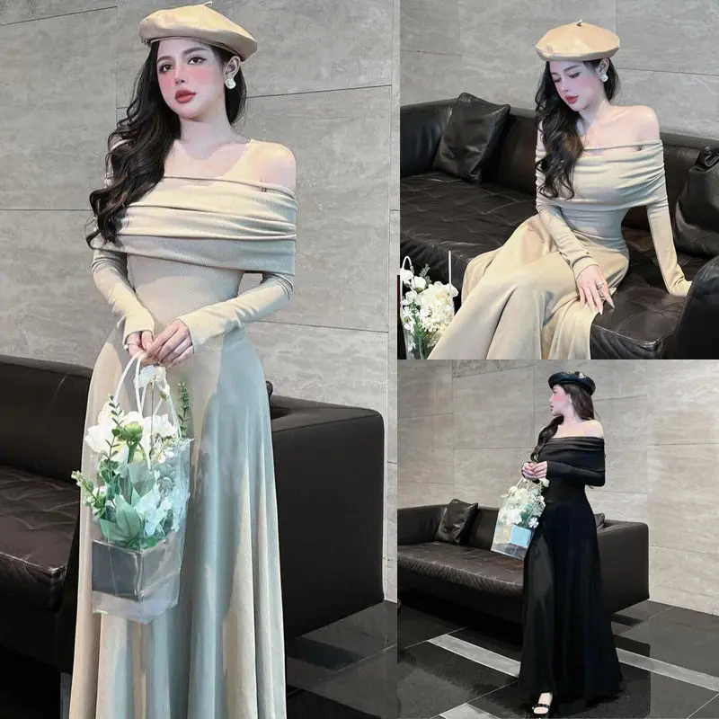 056 Váy tăm dáng dài xòe bệt vai sang chảnh siêu xinh 0