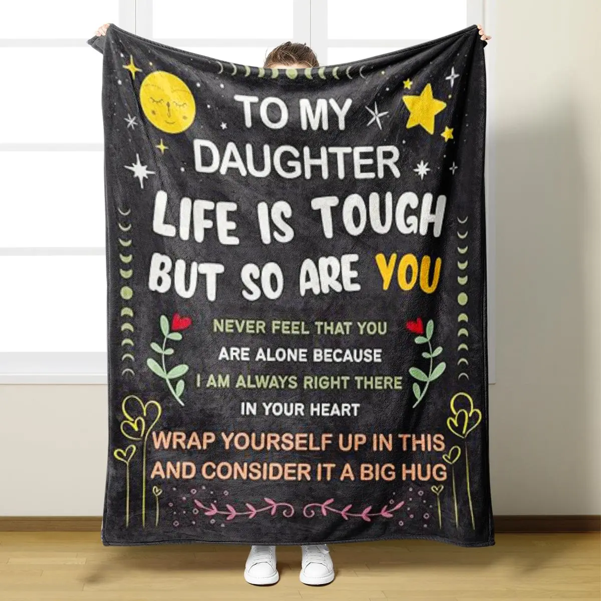 To My Daughter Letter & Cartoon Pattern Flannel Blanket, Soft Warming Napping Blanket, Comfortable Bedding Throw Blankets for Home Office Travel