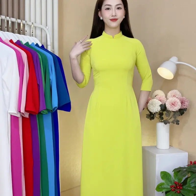 áo dài nữ áo chất liệu vải lụa Mỹ cao cấp dáng truyền thống cổ 2 phân tay lỡ 1
