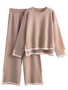 Women's Contrast Binding Drop Shoulder Top & Wide Leg Pants Loungewear Two-piece Set, Casual Comfy Long Sleeve Top & Trousers Pj Set, Pyjamas for Women, Ladies Sleepwear for Spring & Fall