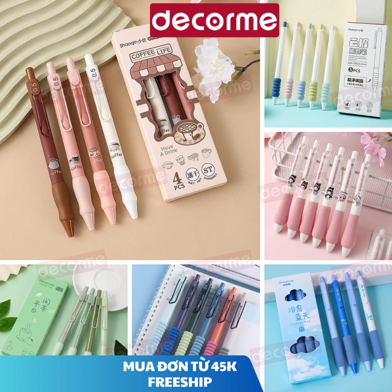Bút gel bấm Shaoquin đệm tay xốp êm cute 0.5mm Decorme mực đen màu pastel có thể thay ngòi 11cm Viết gel bấm học sinh