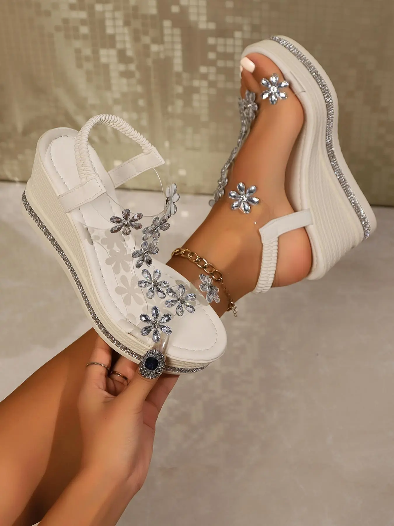Women's Fashionable Rhinestone Decorated Flower Design Sandals, Casual Versatile Strap Heels Platform Sandals for Summer, Lightweight Breathable Comfortable Shoes for Daily Wear
