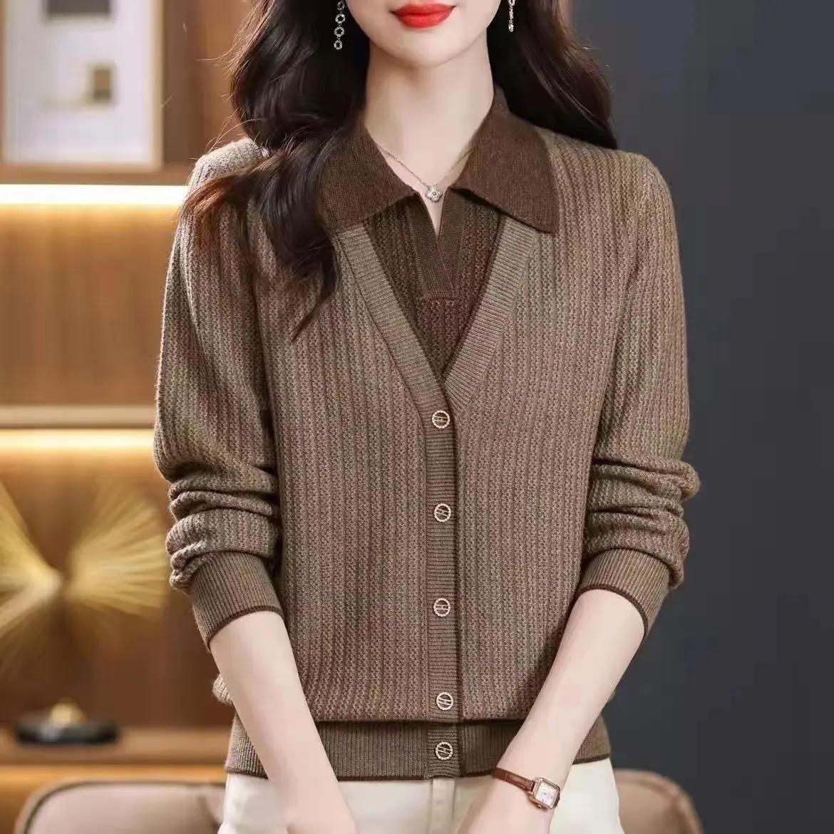 Áo Len Cổ Polo, Hàng Mới Về 2024, Dành Cho Nữ, Dáng Rộng Rãi, Thích Hợp Cho Mùa Xuân Và Mùa Thu, Dễ Phối Đồ, Có Thể Mặc Ngoài Trời, Phong Cách Phương Tây, Áo Sơ Mi Lớp Nền Dệt Kim, Thời Trang Nữ