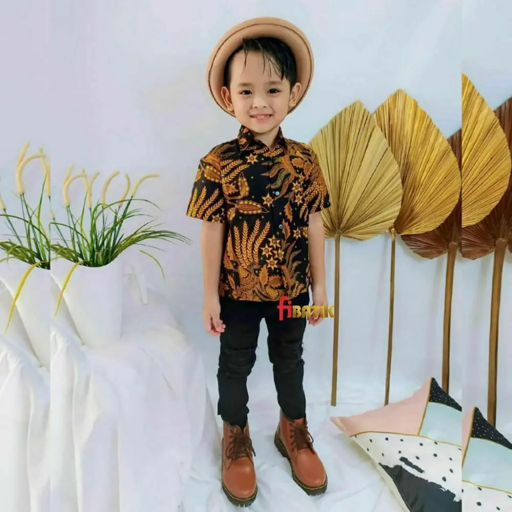 Hem Batik Anak Cowok Lengan Pendek Usia 1-12 Thn Motif Manggar Kuning Laki-Laki